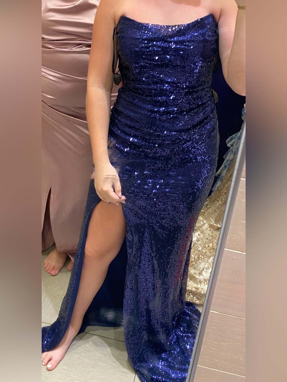 Strapless Navy Sequin Prom Gown with Thigh Slit
